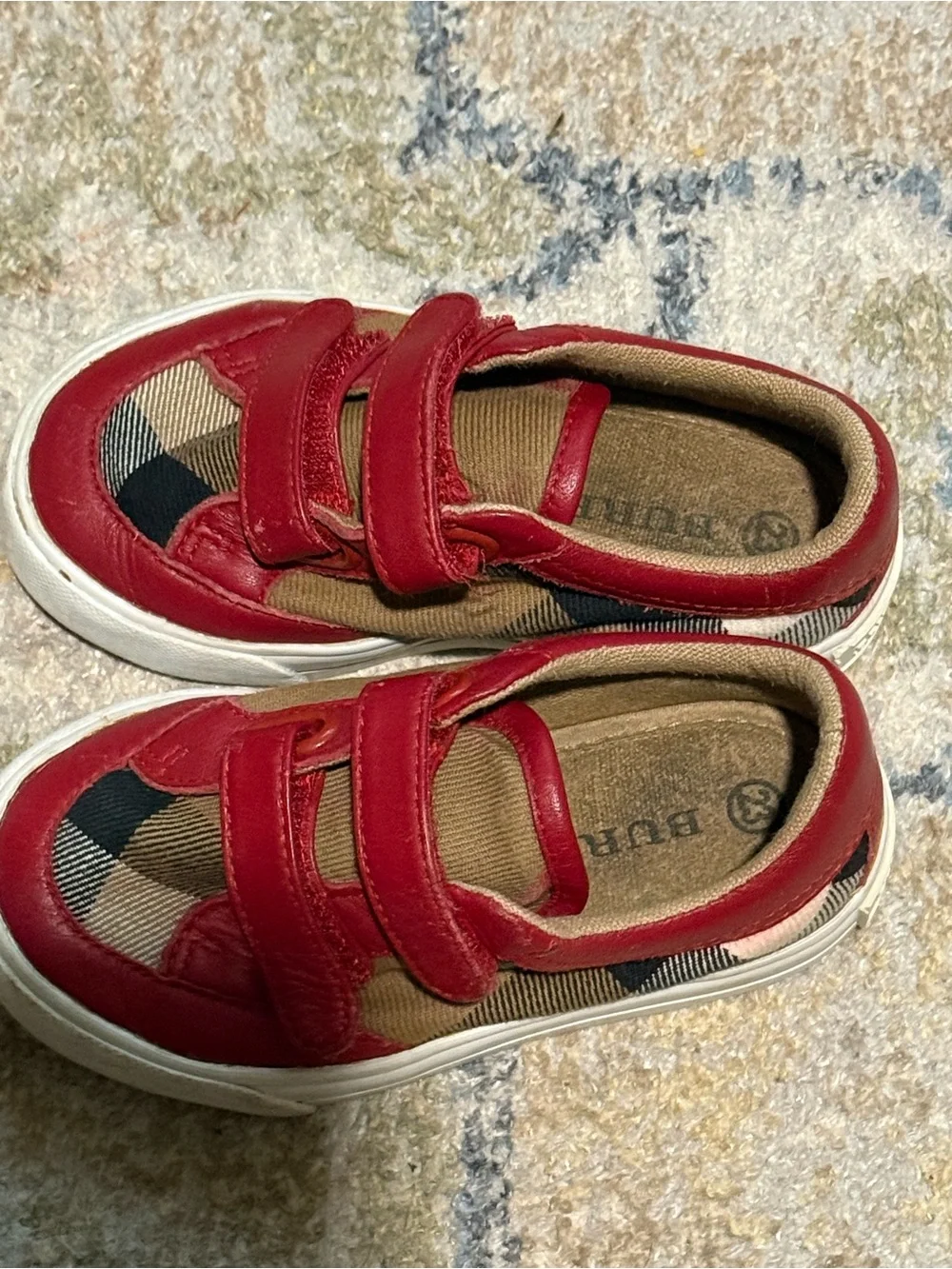 Burberry Red Leather & Tan Canvas Plaid Kids Sneaker with Velcro Straps